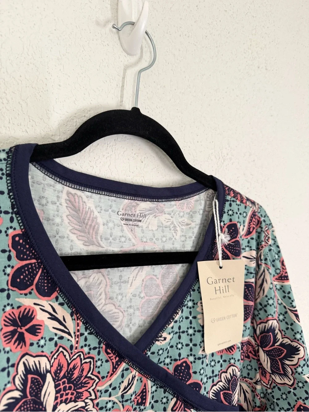 Garnet Hill Asian Wrap Organic Cotton Pajamas Long Set Blue Floral Large NEW - Picture 7 of 8